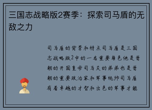 三国志战略版2赛季：探索司马盾的无敌之力