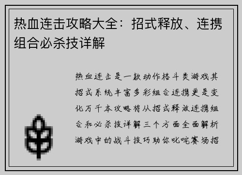 热血连击攻略大全：招式释放、连携组合必杀技详解