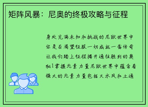 矩阵风暴：尼奥的终极攻略与征程