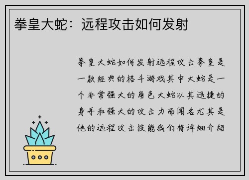 拳皇大蛇：远程攻击如何发射
