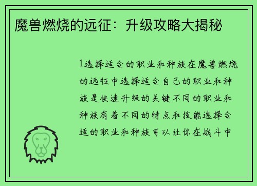 魔兽燃烧的远征：升级攻略大揭秘